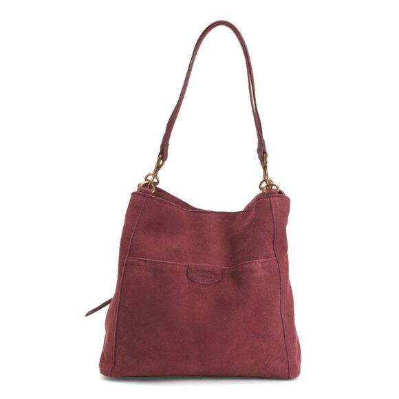 AMERICAN LEATHER CO. Dark Cherry Suede Austin Triple Entry Bucket Bag - Picture 1 of 2
